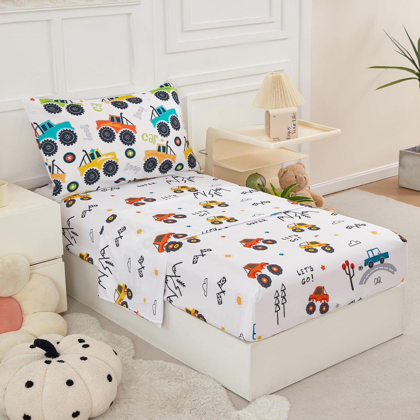 Perfemet 4-Piece Toddler Bedding Set - Colorful Car Printed Toddler Comforter Set For Boys, Reversible Fluffy Toddler Bed Set Fo