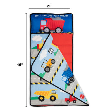 Funhouse Construction Area Trucks Kids Nap Mat Set - Includes Removable Pillow and Fleece Blanket - Great for Boys Napping Durin
