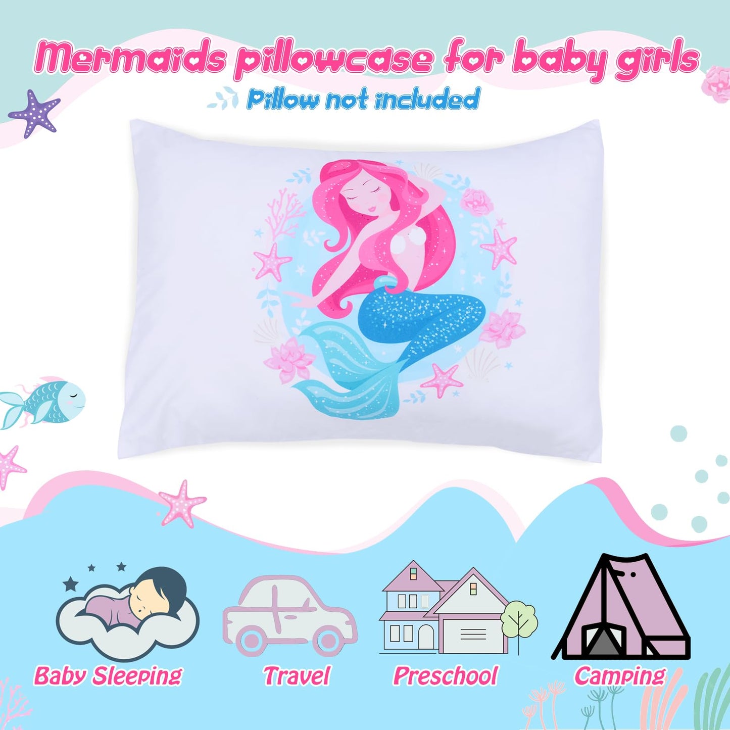 Cloele Toddler Pillowcase Mermaids Envelope Travel Pillowcase Small Pillow Cover Fits Pillows Sized 12X16 Or 13X18-2 Pack Kids P