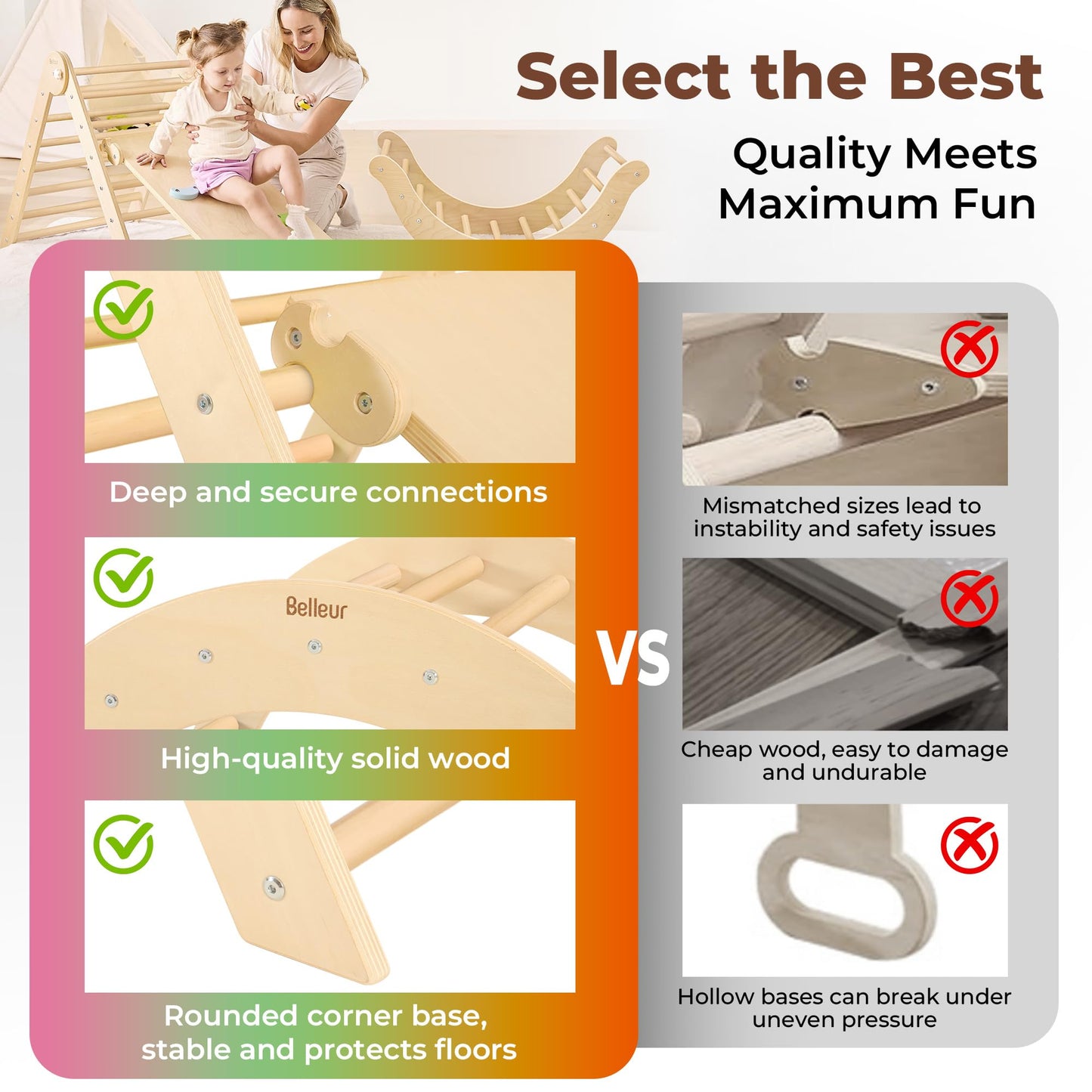 Belleur 7 In 1 Wood Pikler Triangle Set, Foldable Toddler Climbing Toys Indoor, Montessori Climbing Set With Ramp, Arch & Climbi