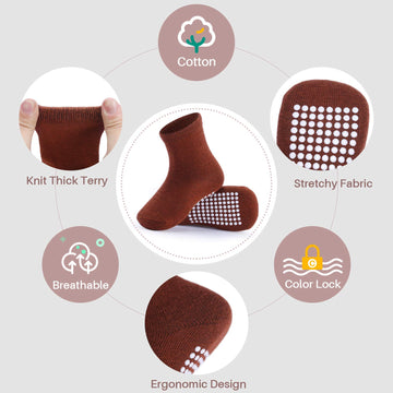 Jakidar 12 Pairs Baby Socks Cotton Crew Toddler Socks Grips Non Slip Bottom Kids Socks, Brown 12-24M