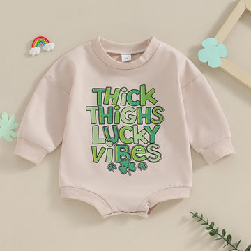 Newborn Baby Boy Girl St.Patrick'S Day Outfit Thick Thighs Lucky Vibes Print Bubble Sleeve Romper Oversized Sweatshirt (Beige, 6