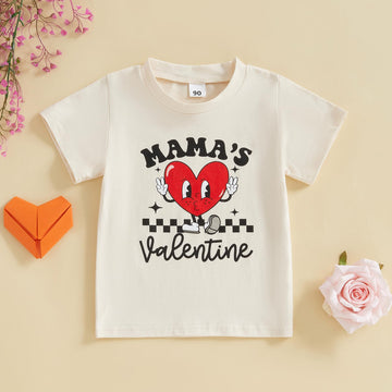Kids Toddler Baby Boys Girls Valentine'S Day T-Shirt Mama'S Valentine Love Heart Short Sleeve Top (Beige, 2-3 Years)