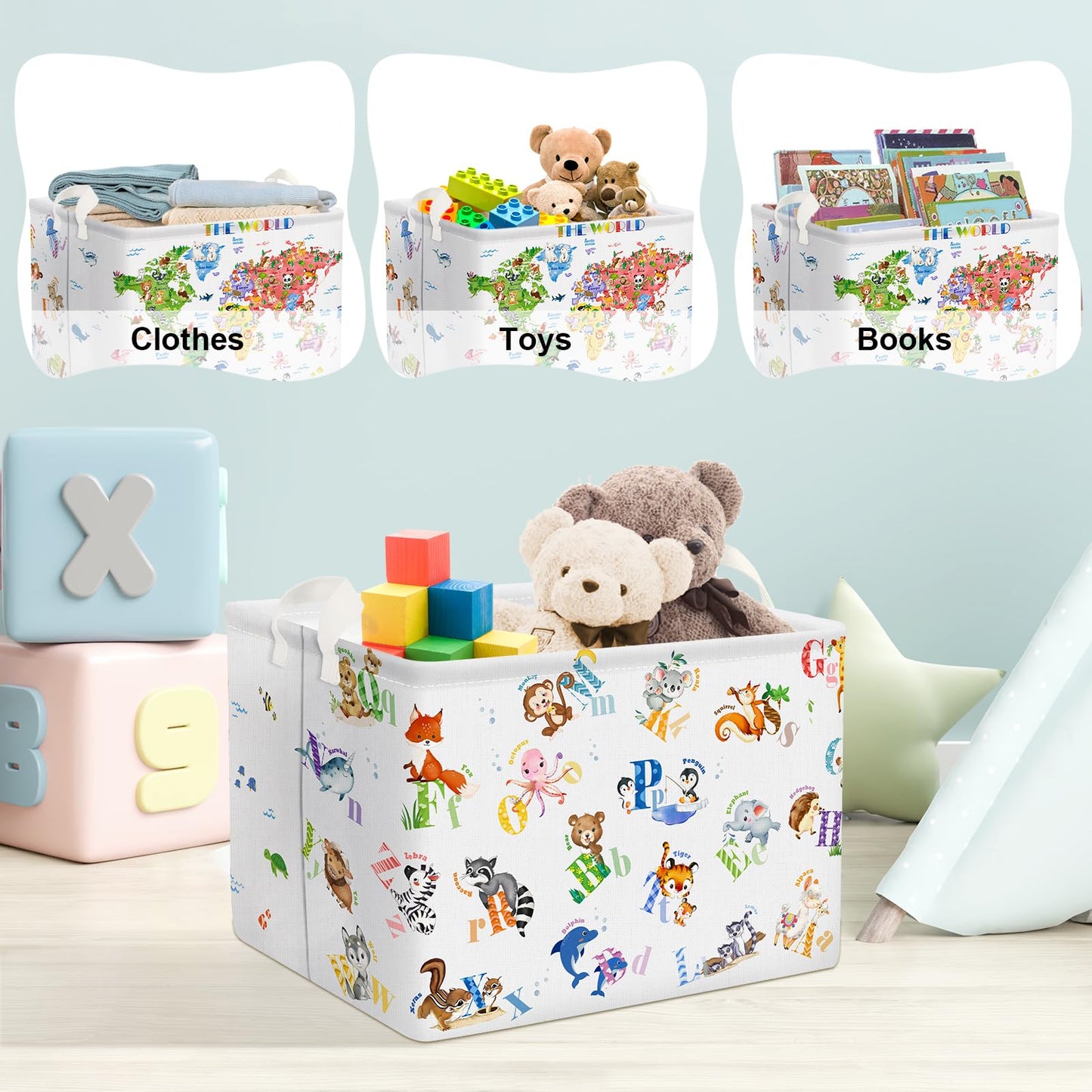 Clastyle Back To School World Map Storage Bin Alphabet Animals Baby Gift Basket Playroom Nursery Kid Toy Basket Organizer Rectan