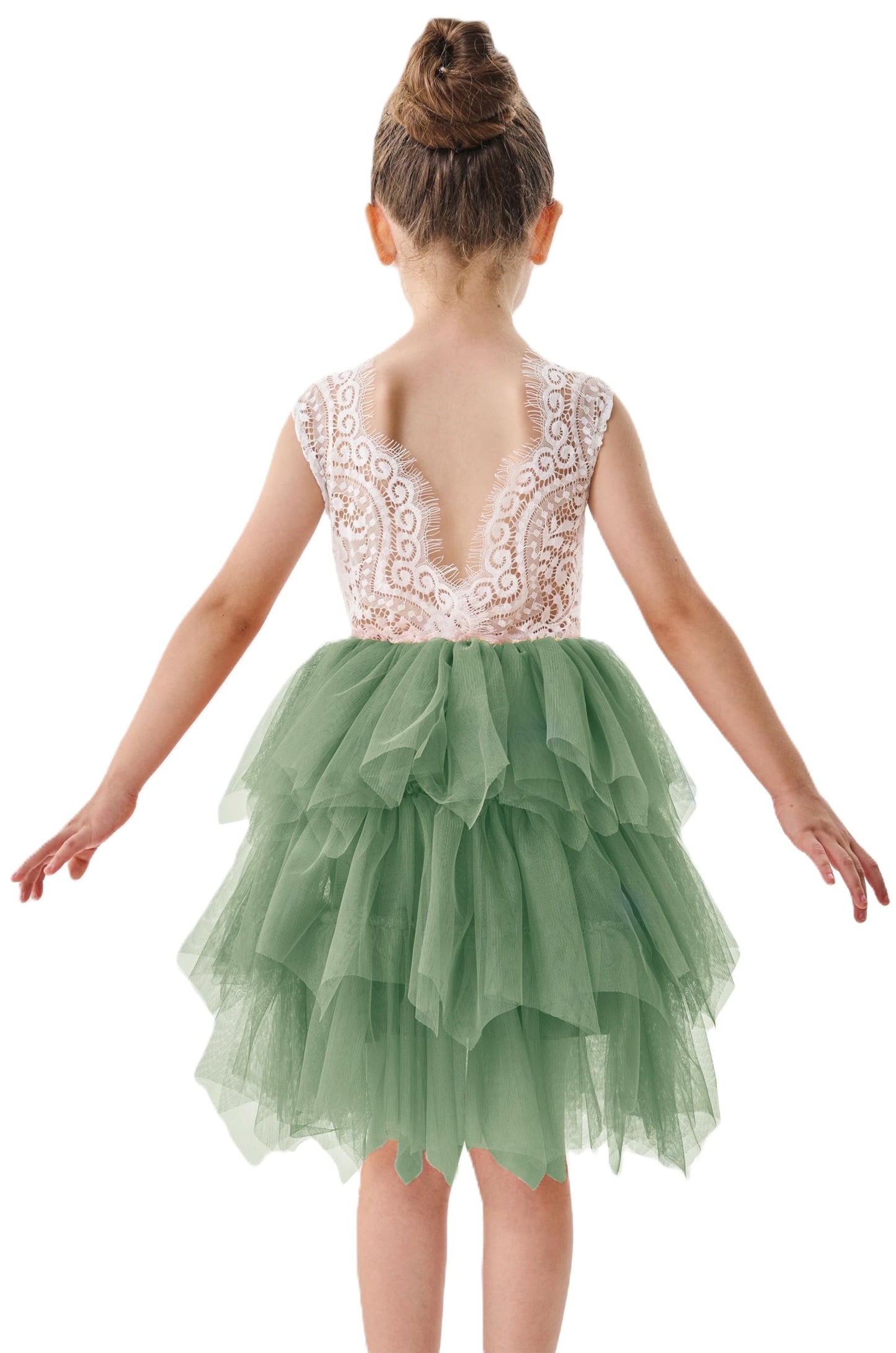 2Bunnies Girl Peony Lace Back A-Line Tiered Tutu Tulle Flower Girl Dress (Sage Sleeveless Short, 7/8)