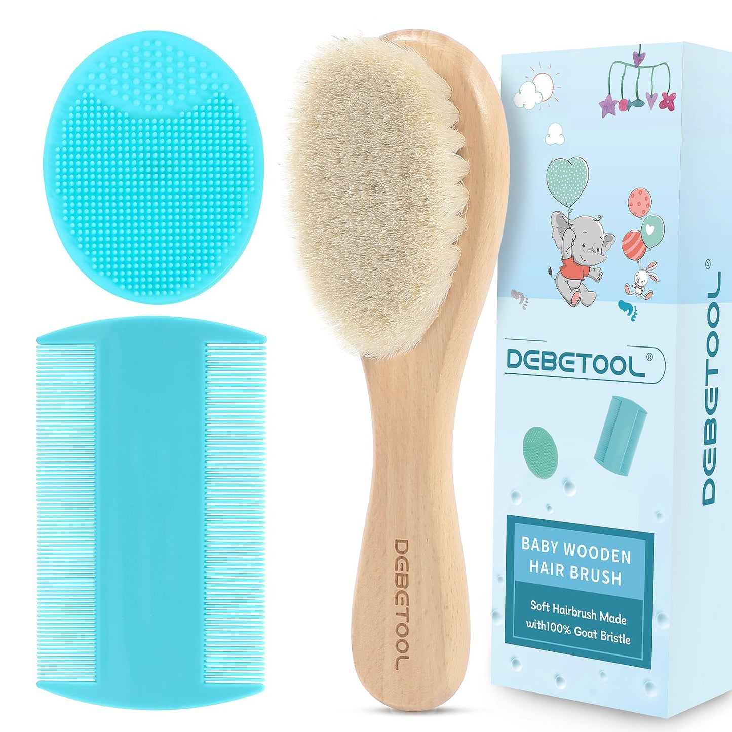 DEBETOOL Cradle Cap Brush and Comb Set with Baby Hair Brush - 3-Piece Wooden Baby Brush Kit for Newborns and Infants