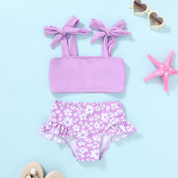 Younger Tree Toddler Girls Two Pieces Swimsuit Color Block Stripe Swimwear Summer Beach Bathing Suit 18M-5T(Purple#Flower 3-4T)