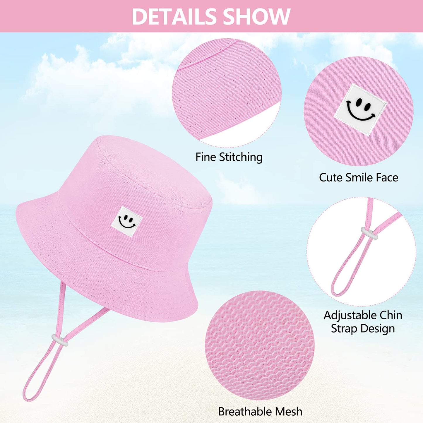 Cooraby 4 Pack Baby Sun Hat Breathable Smile Bucket Hat Toddler Sun Protective Bucket Hat Adjustable Cap For Baby Girl Boy (9-18