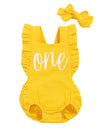 Shalofer Baby Girls One Year Old Outfits First Birthday Romper Cute Backless Ruffles Jumpsuit With Headband (Yellow,6-12 Months)