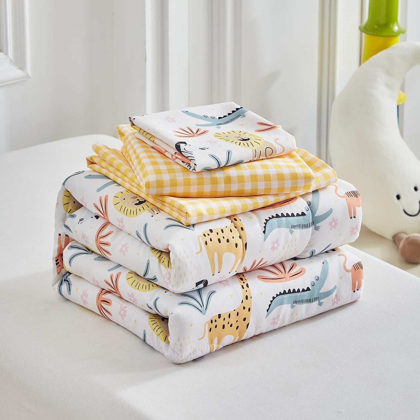 Joyreap 4 Piece Toddler Bedding Set- Cartoon Zoo Theme Animals Beige Design, Microfiber Toddler Bedding Comforter Set For Kids B