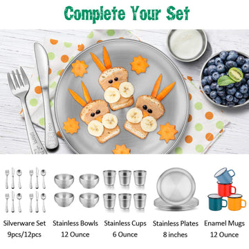 E-Far Stainless Steel Plates Set Of 4, 8-Inch Metal Dinner Plates For Kids Toddlers, Great For Self-Feeding/Picnic/Outdoor Campi