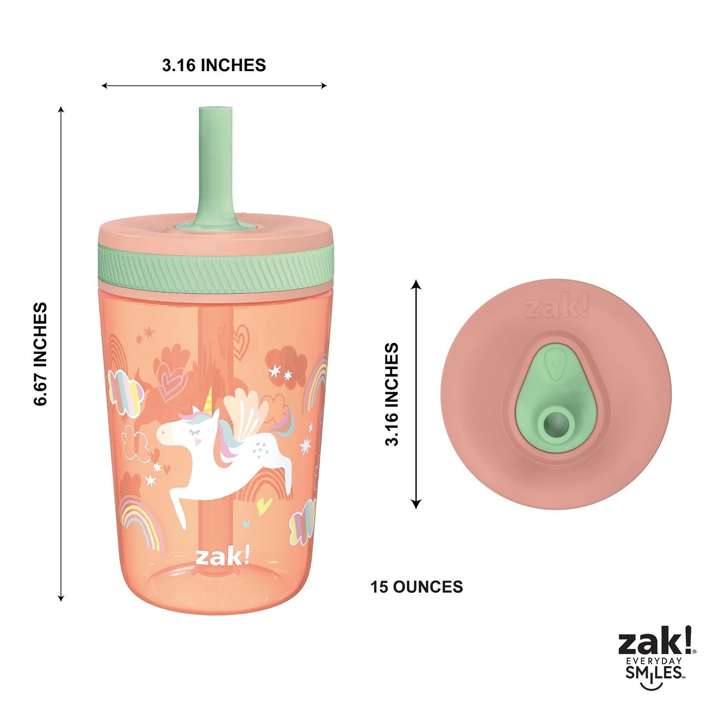 Zak Designs Kelso Tumbler Set 15 Oz, (Unicorn) Non-Bpa Leak-Proof Screw-On Lid With Straw Made Of Durable Plastic And Silicone,