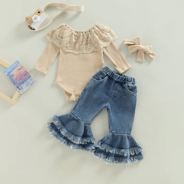 Fhutpw Newborn Baby Girl Clothes Infant Rib Frill Long Sleeve Romper Flared Pants Headband Set 3Pcs Fall Winter Outfits (B- Apri