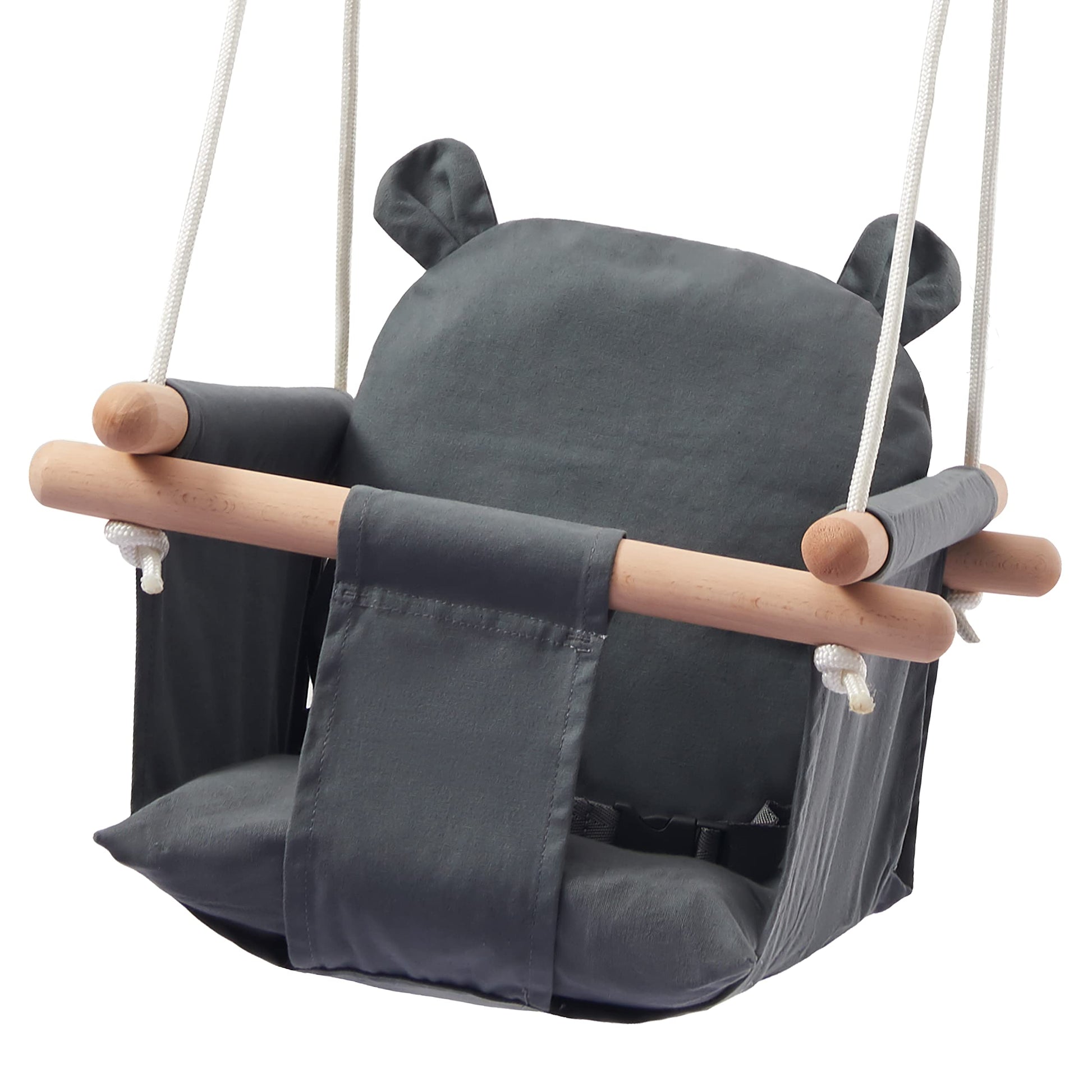 Secure Baby Swing Seat With Safety Belt - Baby Canvas And Wooden Swing Chair With Ear D  Cor Cushion - Hanging Indoor Swing For
