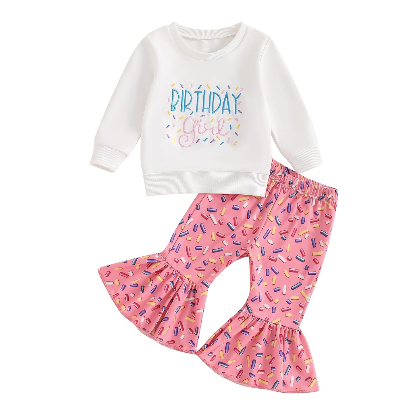 Kayotuas Baby Girl Fall Clothes Birthday Girl Outfit Letter Embroidery Sweatshirt Long Sleeve Pullover Tops & Pants 2Pcs Set (Pi