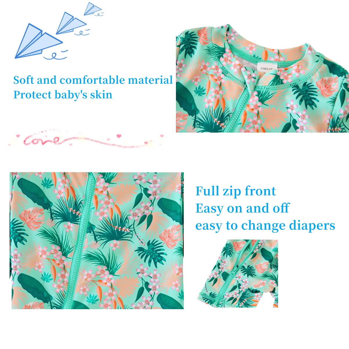 Umelok Infant Swimwear Girls One Piece Full Zip With Long Sleeve Upf 50+ Sun Protection Swimsuit Green-Banana Leaf,3M