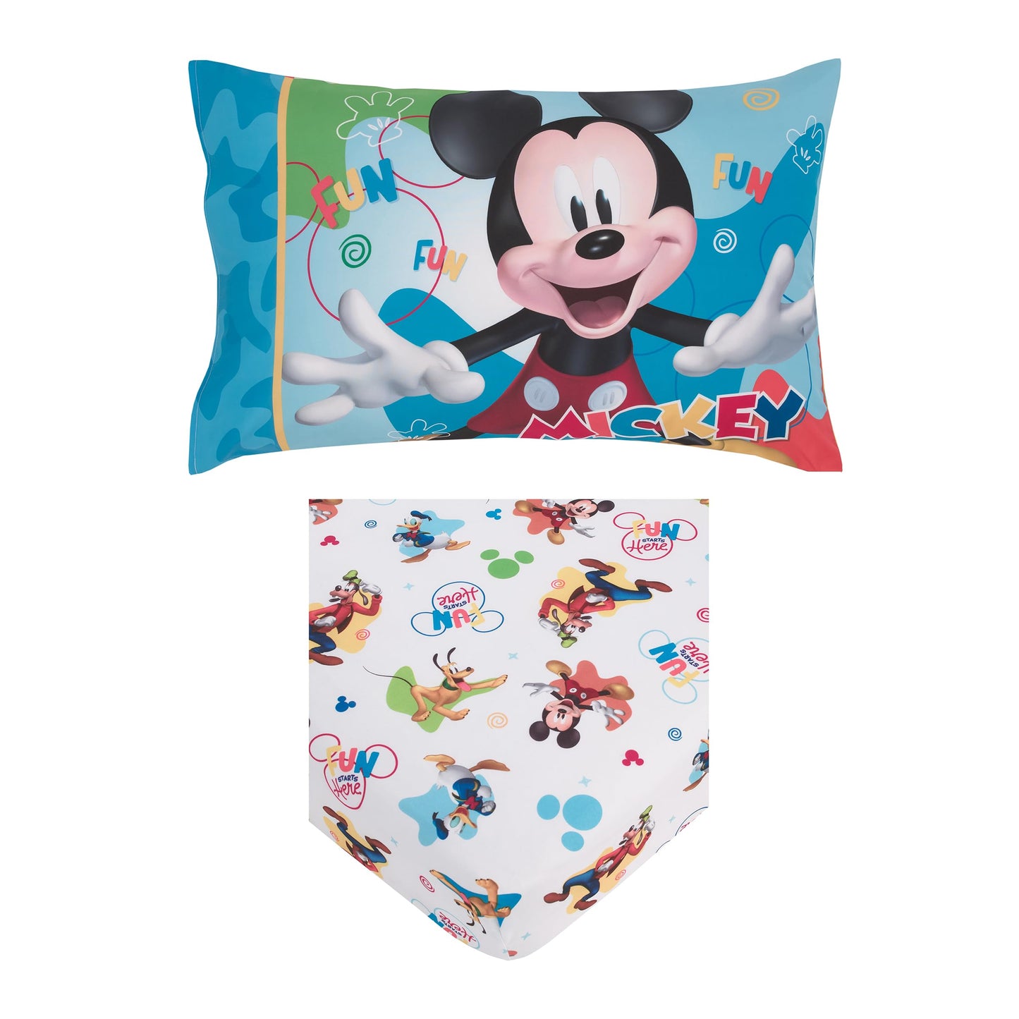 Disney Mickey Mouse Blue, Red, Green, And White, Donald Duck, Pluto, And Goofy, Fun Starts Here 2 Piece Toddler Sheet Set - Fitt