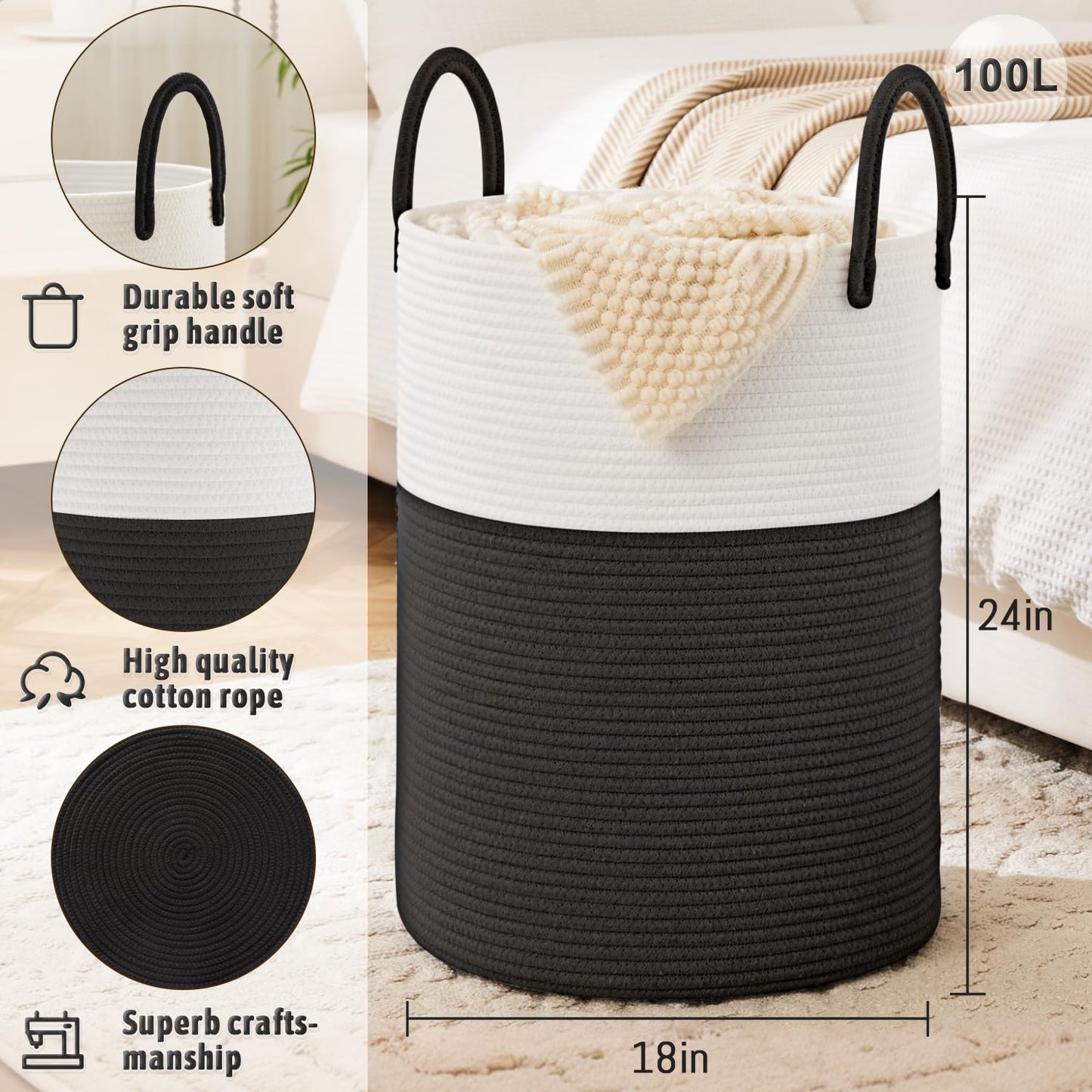 Artfeel Laundry Basket,Woven Cotton Rope Laundry Hamper,80L For Decorative Storage Of Dirty Clothes,Toys And Blankets In Bathroo