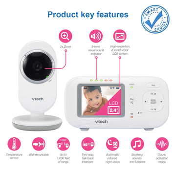 Vtech Vm320 Baby Monitor, 2.4' Screen With Fixed Camera, Night Vision, Soothing Sounds, 2-Way Talk, Secured Transmission, Secur