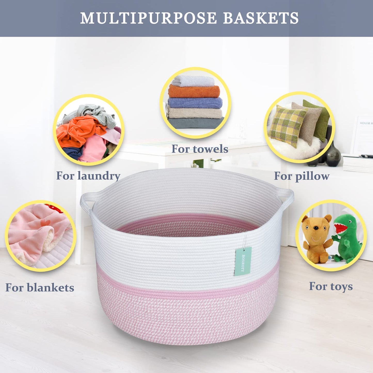 Bosroty Extra Large Cotton Rope Basket For Girls Kids 87L, Nursery Hamper, Large Laundry Basket, Nursery Bin, Woven Basket Organ