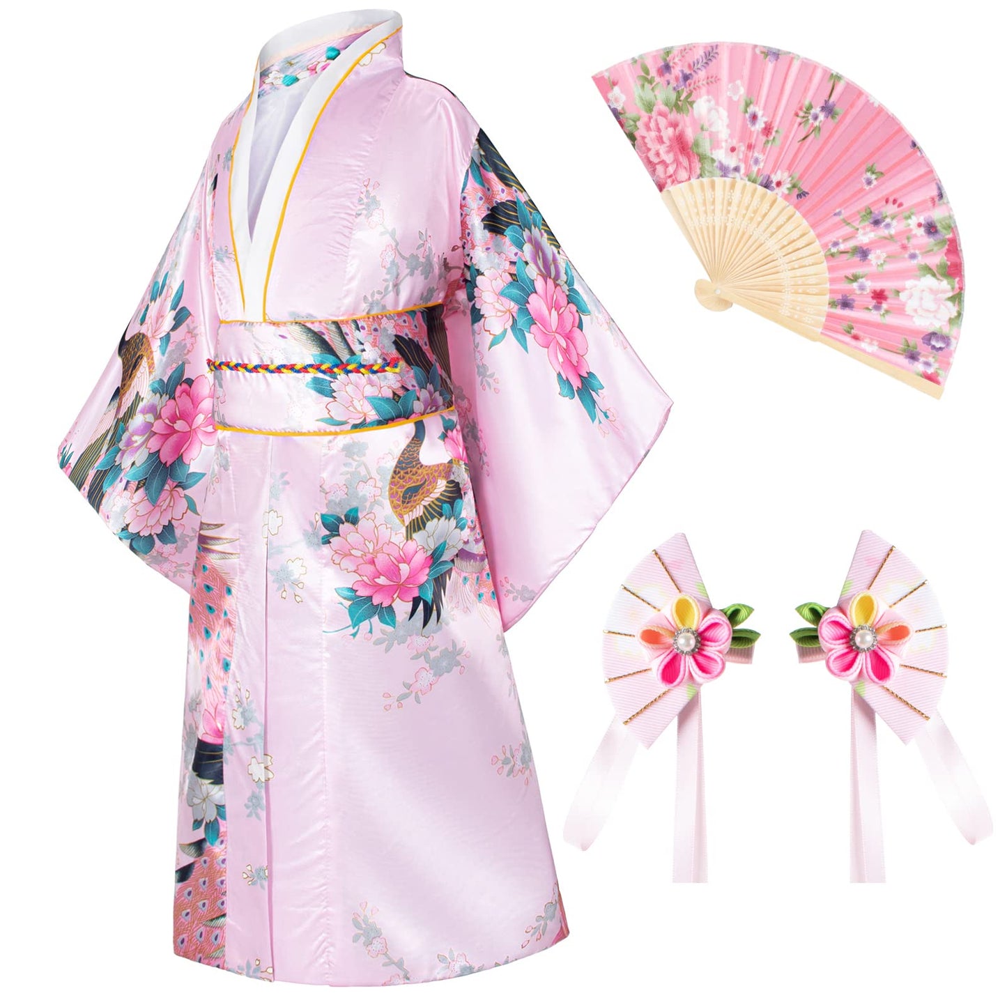 Elibelle Japanese Traditional Dress Kimono Robe For Kids Girls Costume Silk Folding Fans Hairstick Set(Pink150Cm)