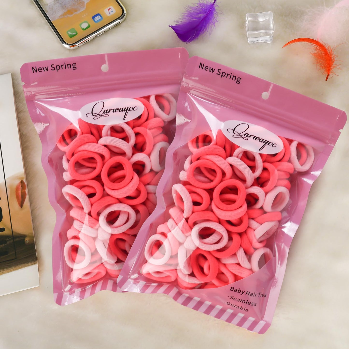 Qarwayoc Pink Kids Hair Ties For Girls - Seamless Toddler Baby Hair Ties Bands No Damage - Cotton Girls Hair Ponytail Holders Fo