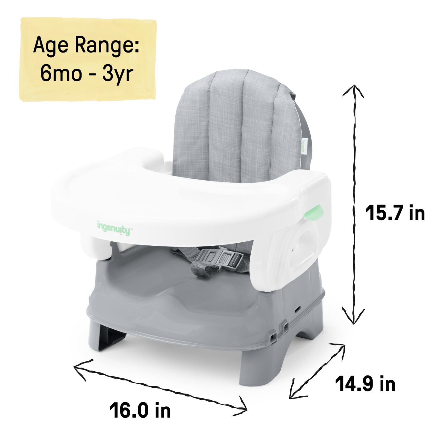 Ingenuity Deluxe Comfort Folding Baby Booster - Adjustable Height - Cushioned - Lightweight, Grey - 6M-3Y
