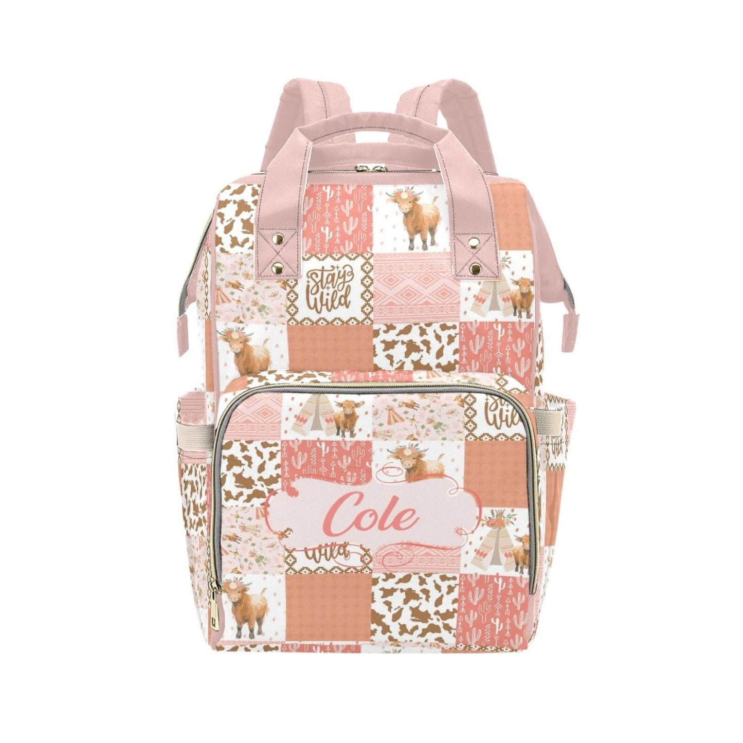 Personalized Highland Cow Pink Diaper Bag with Name - Custom Baby Bag, Nursing Tote Backpack for Mom, Custom Name Mommy Daypack,