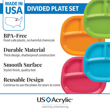 Us Acrylic Harmony 3-Compartment Divided Plastic Kids Tray In 4 Calypso Colors | Set Of 12 Reusable, Bpa-Free Plates, Made In Th