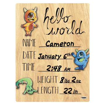 Cohas Hello World Newborn Baby Announcement Printed Wood Sign With Monster Theme, 9 By 12 Inches, Black Marker