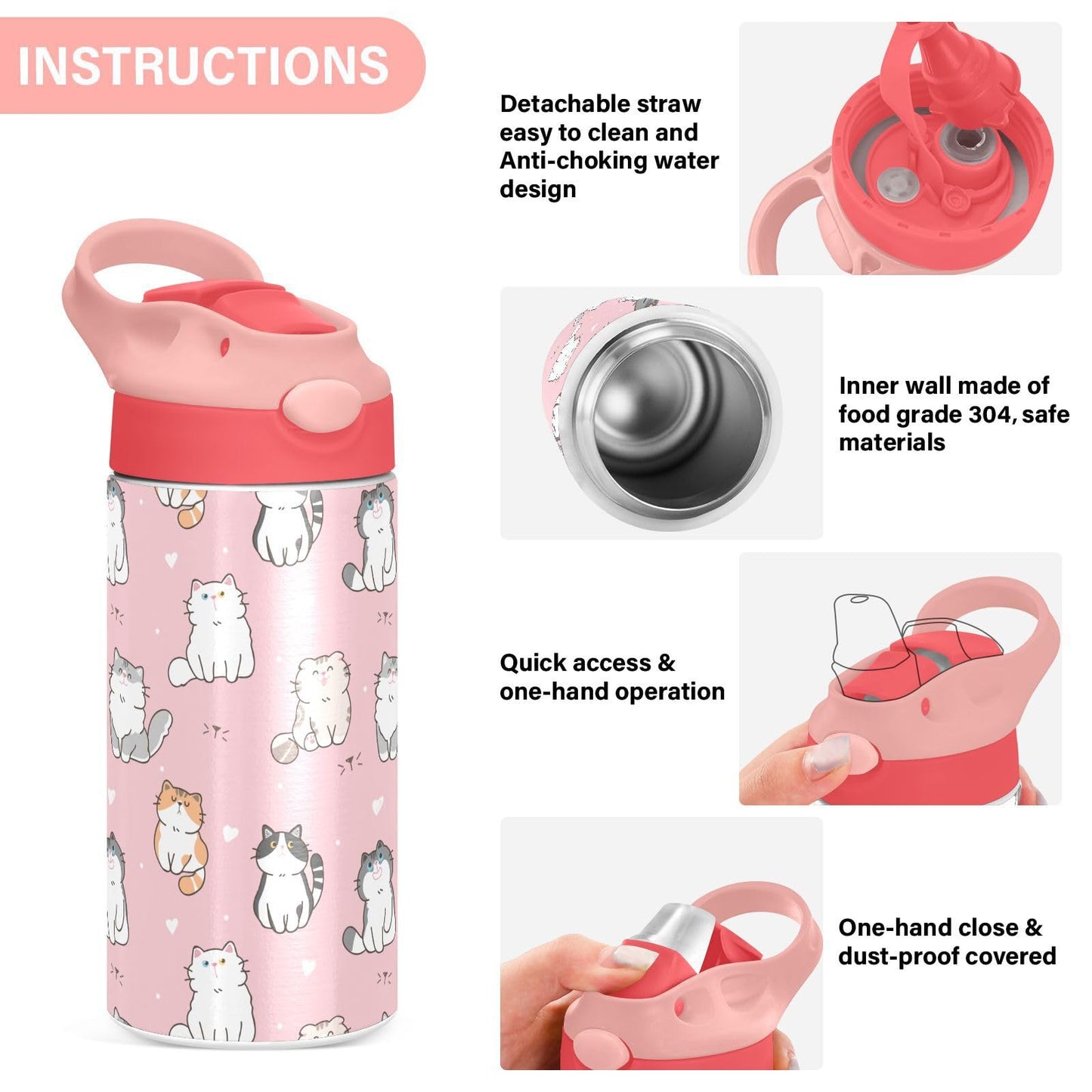 Cute Cat Kitty Girls Water Bottle With Straw And Carry Handle Cartoon Animals Pink Vacuum Insulated Stainless Steel Bottles Leak