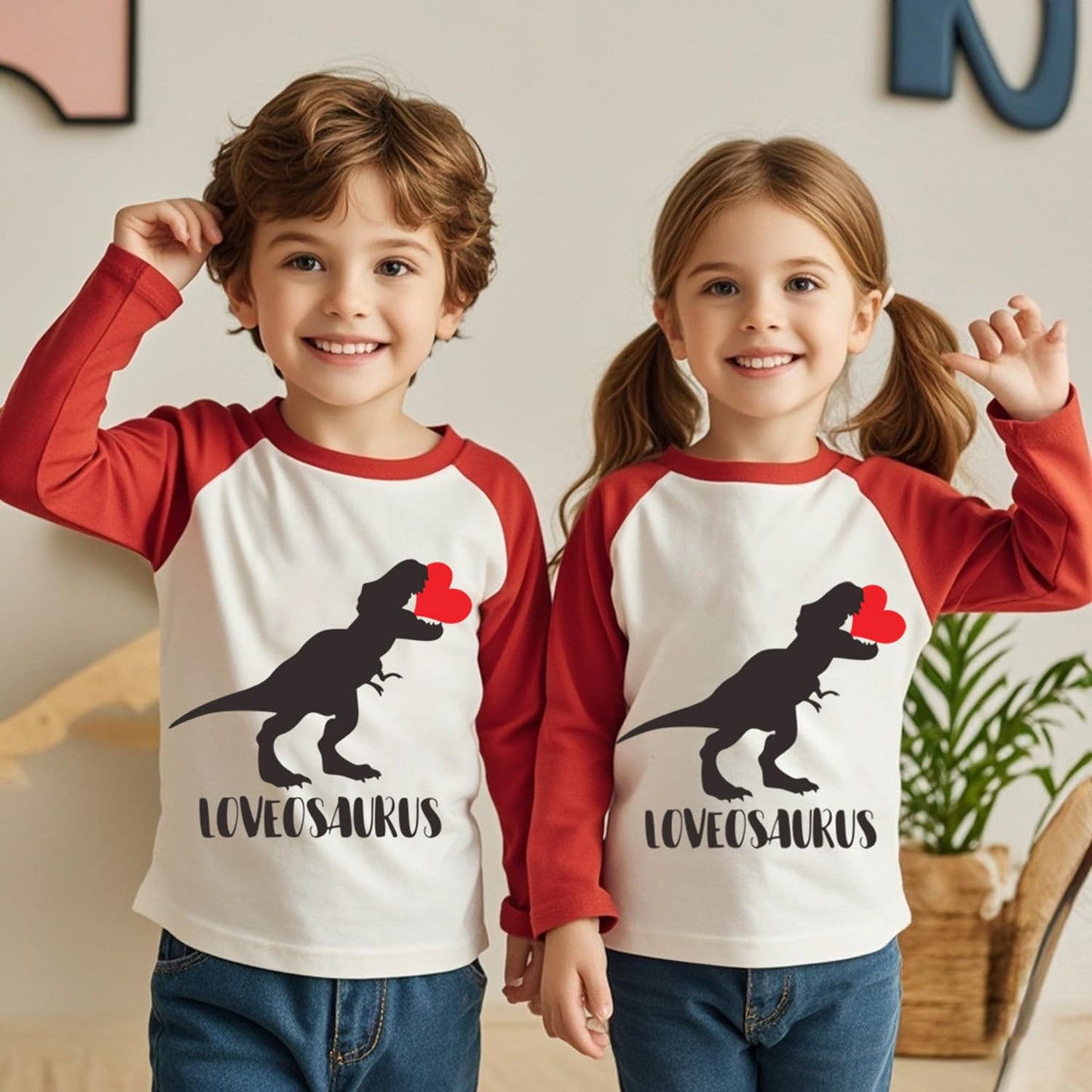 Toddler Boy Valentines Day Shirt Boys Girls Heart Dinosaur Long Sleeve Raglan Kids Shirts For Valentines Red Tops 3T