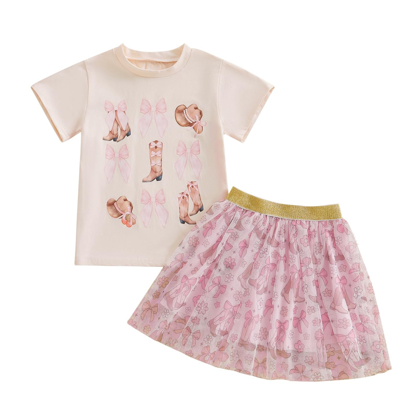Chloefairy Western Toddler Baby Girl Summer Clothes Bow Boots Short Sleeve T-Shirt Tulle Tutu Skirt Set 2Pcs Kids Cowgirl Outfit