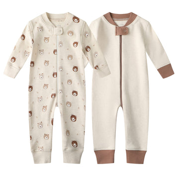 Owlivia Organic Cotton Baby Boy Girl Zip Up Sleep N Play, Footless, Long Sleeve(0-3 Months, Mini Bears&Beige)