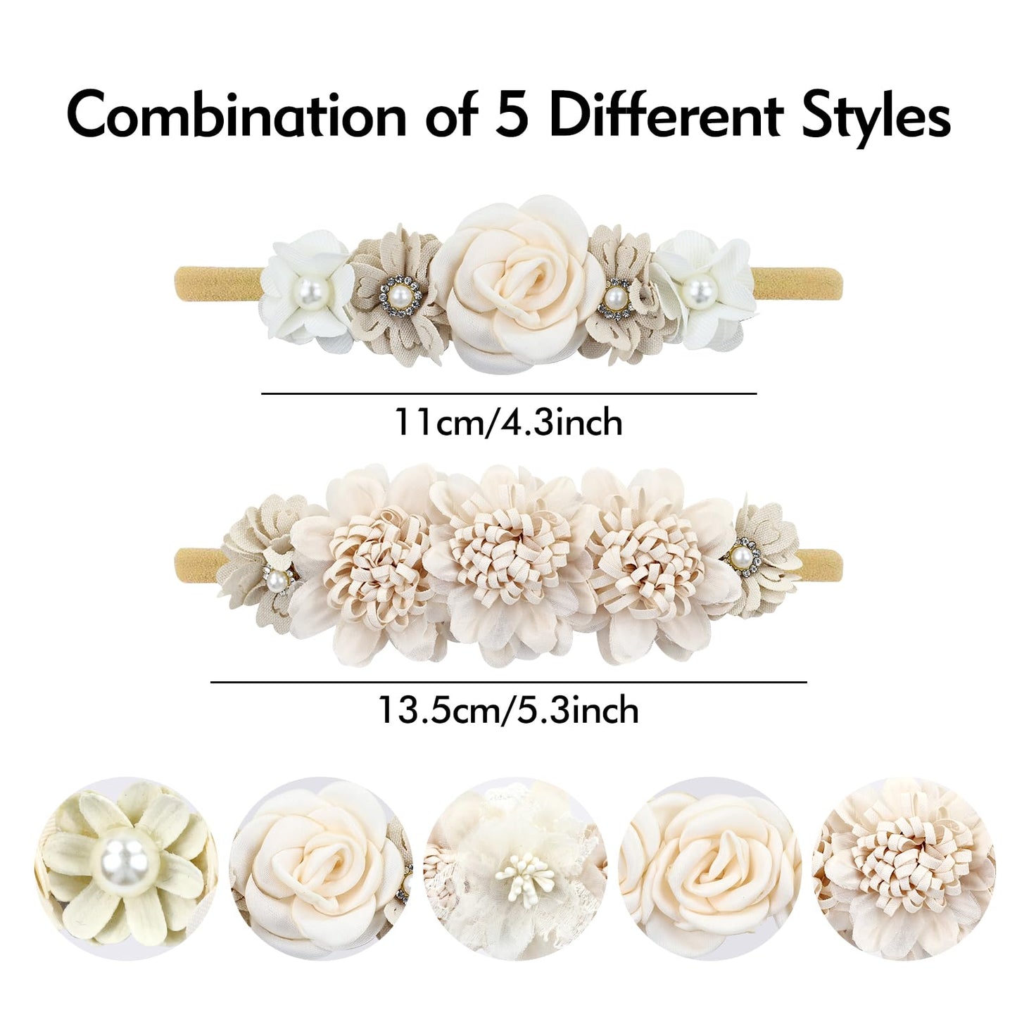 Cinaci 5 Pieces Super Stretchy Soft Baby Girl Nylon Flower Headbands Baptism Christening Floral Tiaras Crowns Hairbands Hair Acc