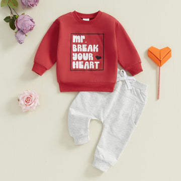 Baby Boy Fall Clothes Set Long Sleeve Letter Print Sweatshirt Pants Valentines Day Outfits 6 12 18 24 Months 2T (Red, 6-12 Month
