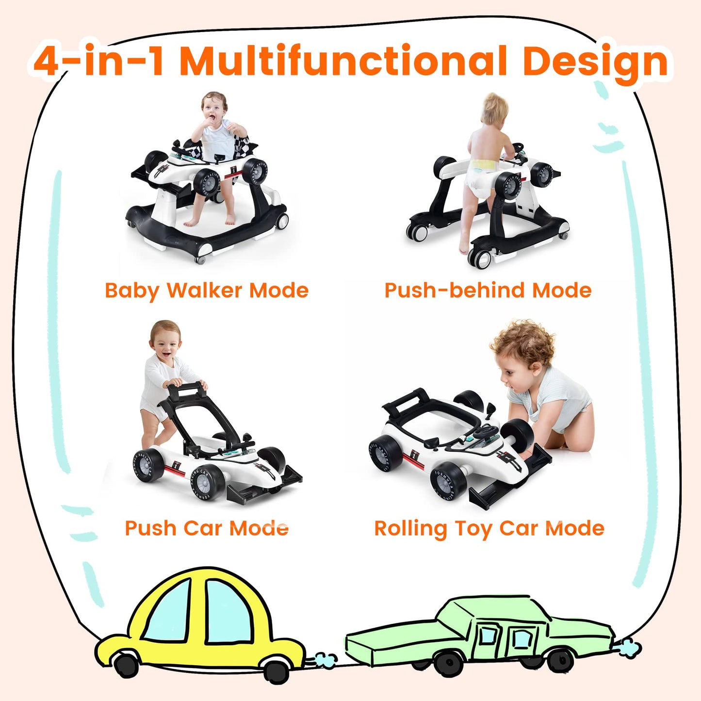 Honey Joy 4-In-1 Baby Walker, Activity Push Walker W/3 Adjustable Heights, Smooth Wheels W/Adjustable Speed, Padded Seat, Music
