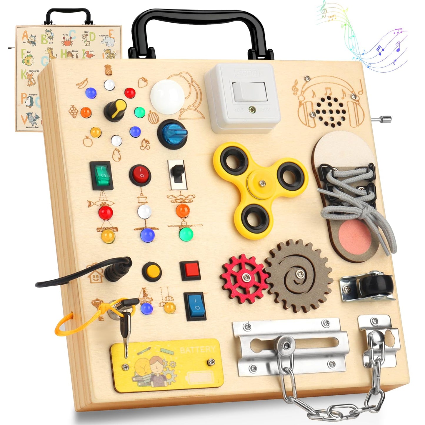 Wooden Busy Board with LED Light,Montessori Baby Learning Toys for Toddlers , Sensory Activity Board , Travel Educational Toy Bo