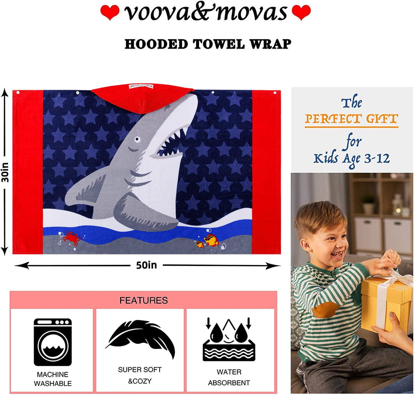 VOOVA & MOVAS Toddler Bath Towels Age 3-10,30X50, Soft | Thick | Cotton | Oversized Absorbent - Beach | Bath | Pool | Swim Tow