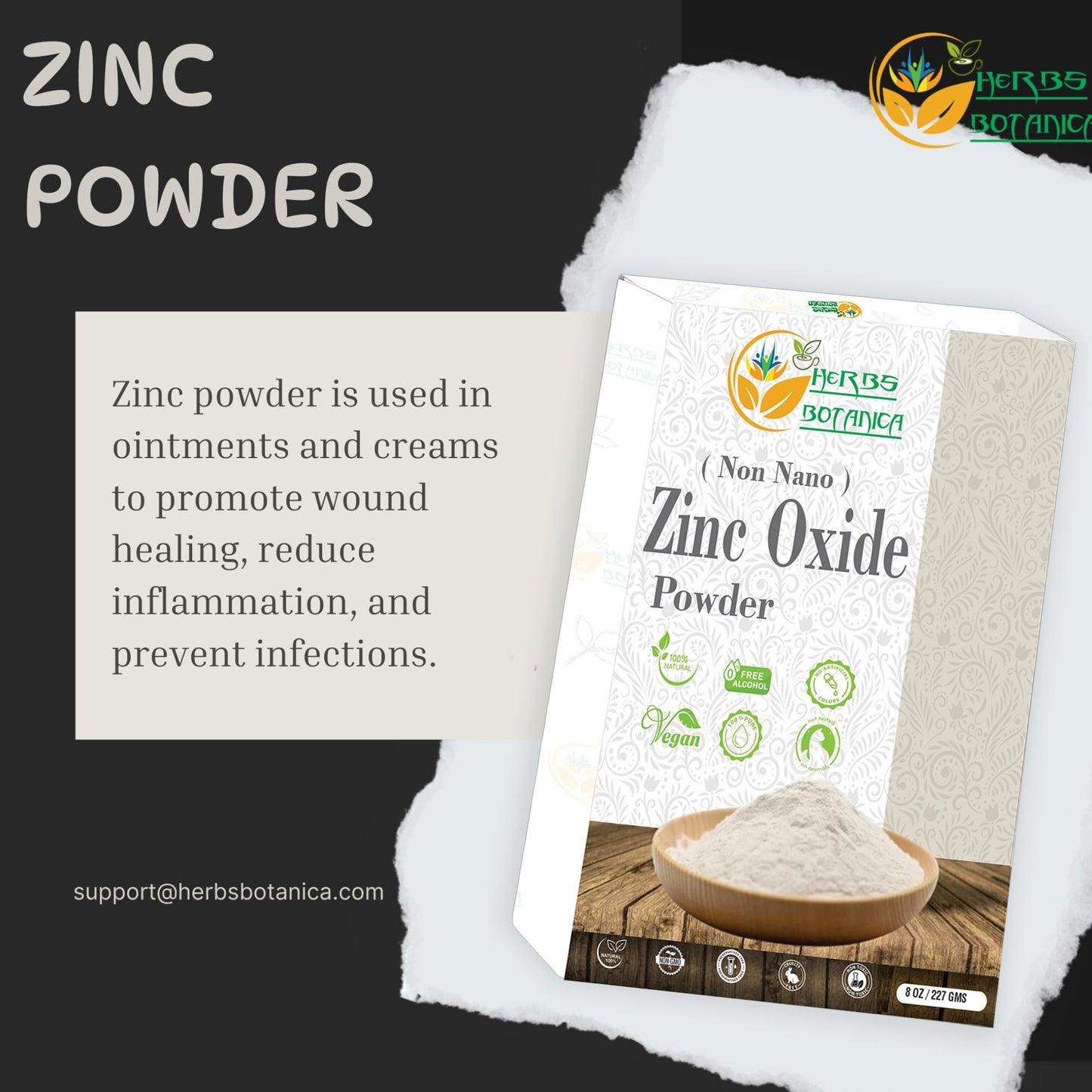 Herbs Botanica Zinc Oxide Powder Non-Nano, Pharmaceutical Grade For Skin Protection, Healing, Baby Diaper Rash Cream, Sunscreen,