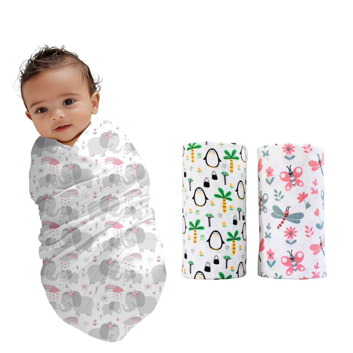 BIGMOON 100% Cotton Muslin Baby Swaddle & Face Towel Set 1 Large Swaddle (100x100 cm) + 2 Washcloths (40x40 cm) Newborn Wrap f
