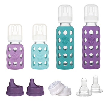Lifefactory 4 Bottle Starter Set (2) 4-Ounce Baby Bottle In Mint/Lavender (2) 9-Ounce Baby Bottle In Kale/Grape (2) Flat Caps (2