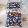 Joyreap 4 Piece Toddler Bedding Set, Standard Size Colorful Dinosaur Printed On Navy, Includes Quilted Comforter, Fitted Sheet,