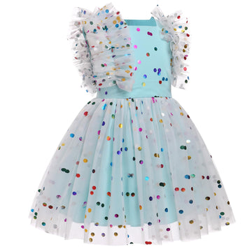 Ibtom Castle Baby Girl Blue Dress: Flower Girl Dress Toddler Sequin Birthday Cake Smash Infant Ruffled Polka Dots Embroidered We