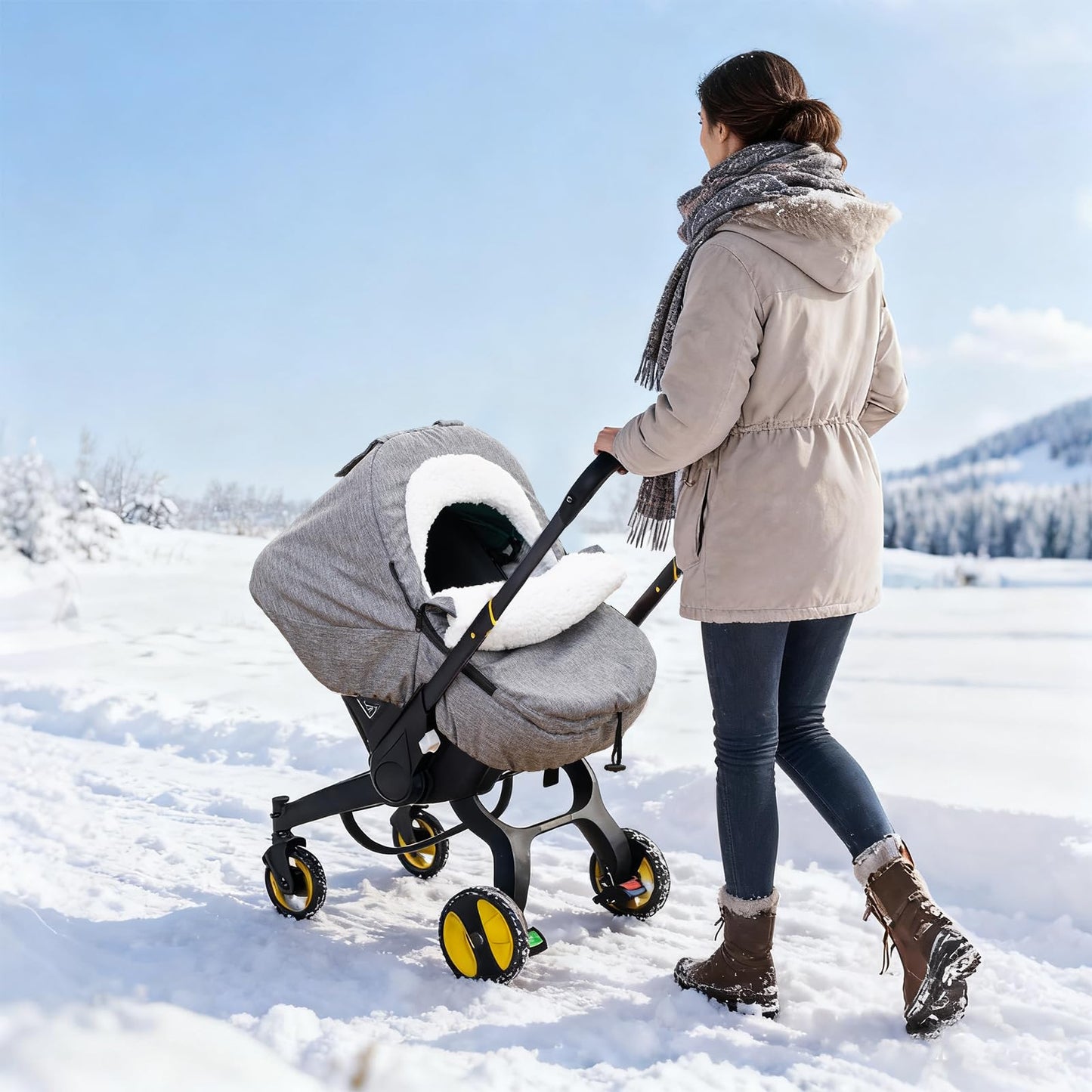Winter Baby Car Seat Cover, Carseat Cover with Plush Sherpa Fleece Lining, Infant Car Seat Canopy with Peeping Window & Huge Spa