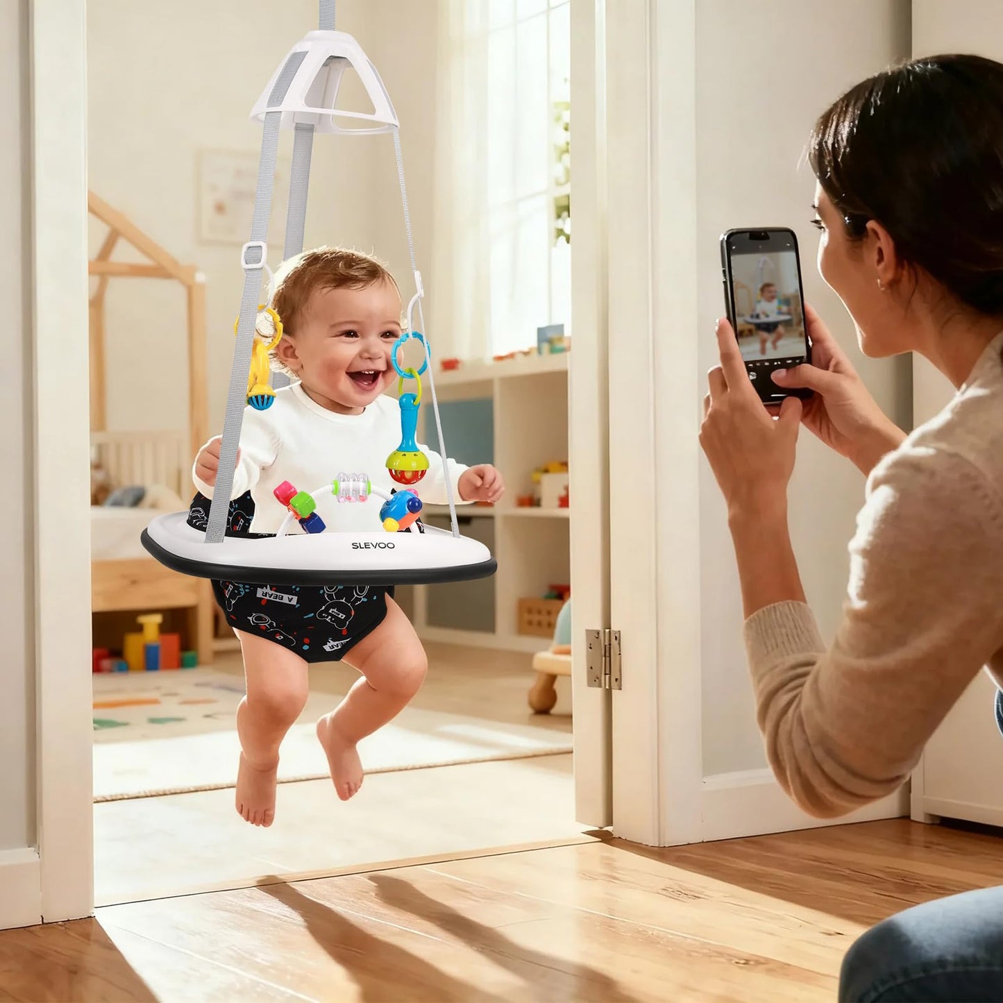 Slevoo Baby Jumper, Baby Door Jumper with Bumper, Play Tray and Two Jingle Rattles, Quiet Bear