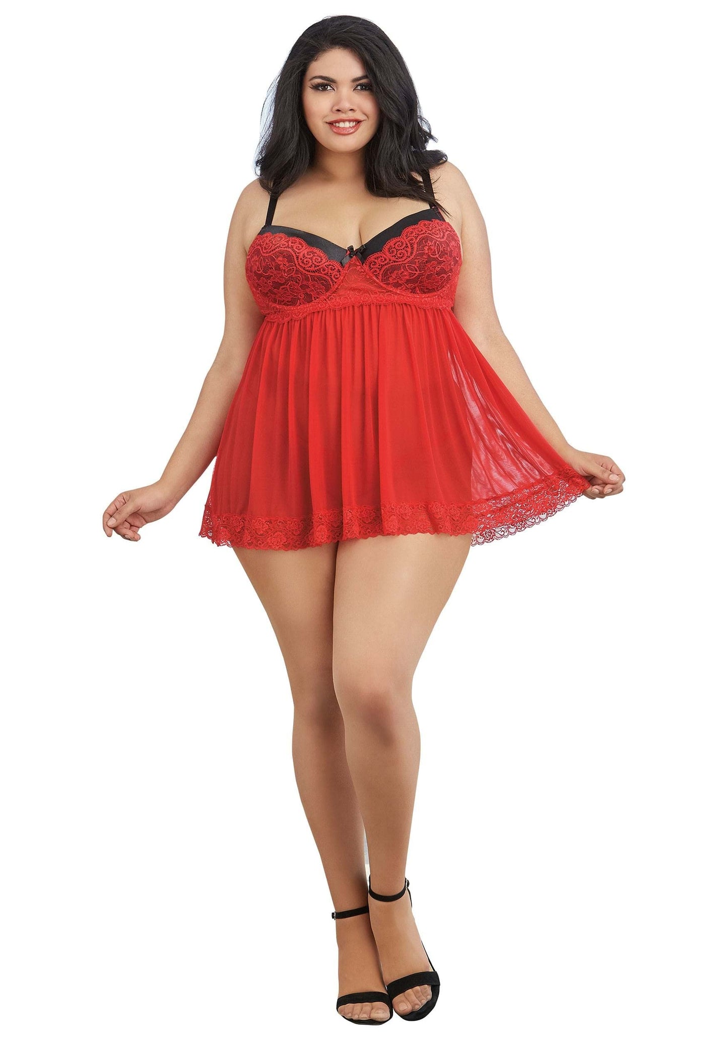 Dreamgirl Womens Plus Size Flirty Mesh & Lace Babydoll with Matching G-String, Ruby, 3X