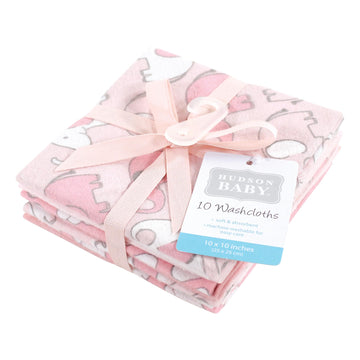 Hudson Baby Unisex Baby Flannel Cotton Washcloths 10-Pack, Girl New Elephant, One Size