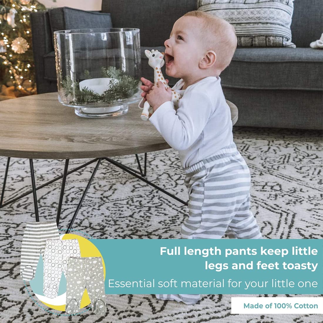 Spasilk Baby Cotton Pull On Footed Pants, 3 Pack Casual Leggings With Feet, Gray Celestial