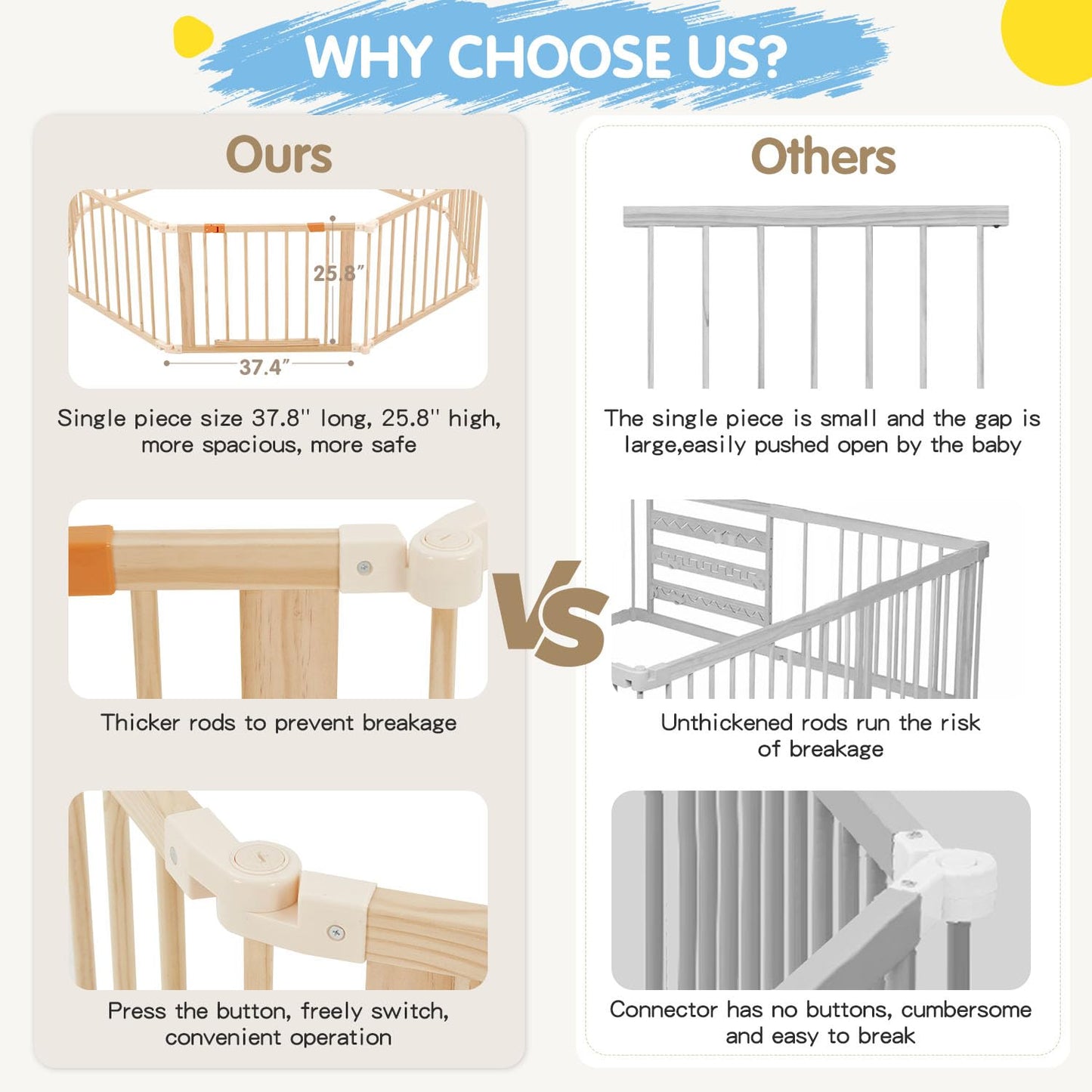 Hommow Wooden Baby Playpen Extra Large, 74?74Foldable Play Fence For Babies And Toddlers,Safety Play Yard With Locking Gate, Cha